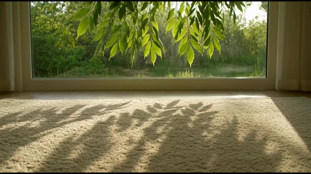 Sunlight filters through leaves onto empty room with carpet and large window.