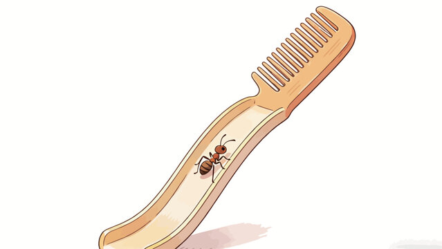 Whimsical Surreal Illustration: An Ant Climbs the Concave Handle Slide of a Light Wooden Comb Against a Plain White Background, Playing on the Homophone Word Play