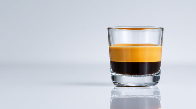 Shot on Hasselblad H6D-400c MS, 85mm lens f/1.8. A high-end editorial photography Subject: A closeup of a glass of coffee centered sitting on a white plain reflective counter. 