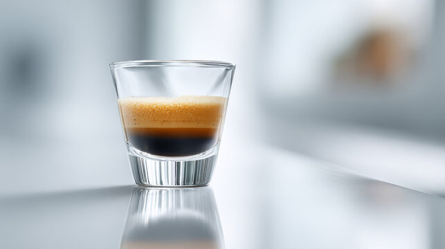 Shot on Hasselblad H6D-400c MS, 85mm lens f/1.8. A high-end editorial photography Subject: A closeup of a glass of coffee centered sitting on a white plain reflective counter. 