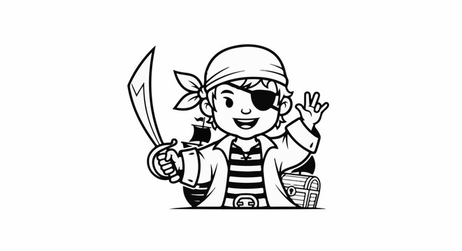 Cheerful cartoon pirate boy with sword, eye patch, bandana, treasure chest, and ship