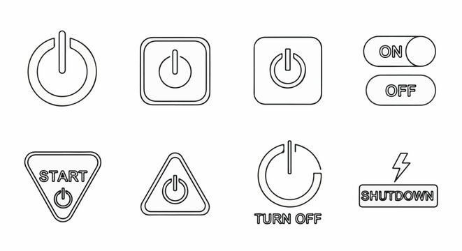Collection of power, start, and shutdown icons in various geometric shapes