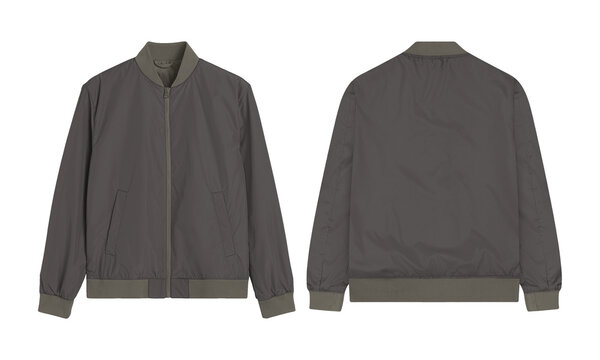 Bomber jacket front and back views of a stylish gray design suitable for fashion websites, clothing catalogs, and apparel advertisements.