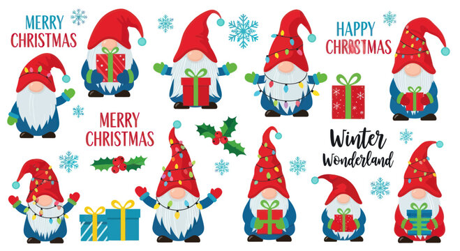 Christmas Gnomes with Gifts and Lights, Festive Winter Wonderland Characters
