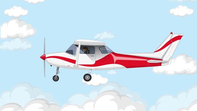 Cartoon light aircraft flying through clouds in sunny blue sky with motion effect.