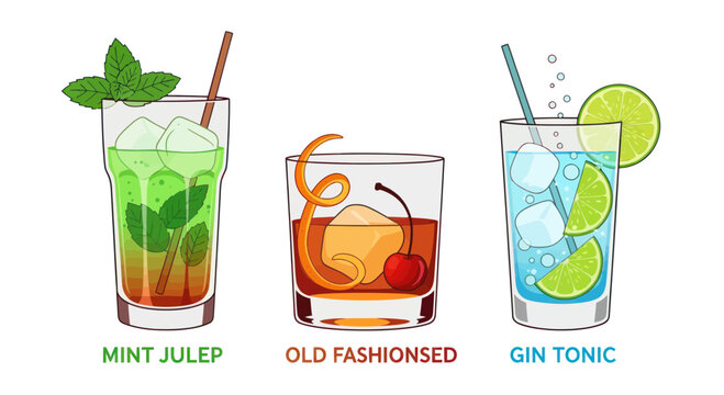 Three Classic Cocktails: Mint Julep, Old Fashioned, Gin Tonic - Refreshing Drinks