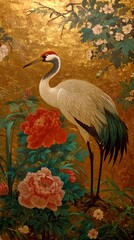 Fototapeta premium Japanese red crowned crane standing among colorful peonies on gold background