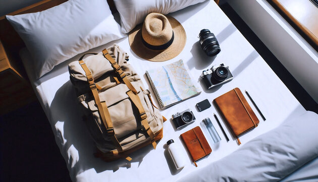 A backpackers essential gear laid out on a hostel bed before a day of exploration: map, hat, journal, water bottle, Ai generated image