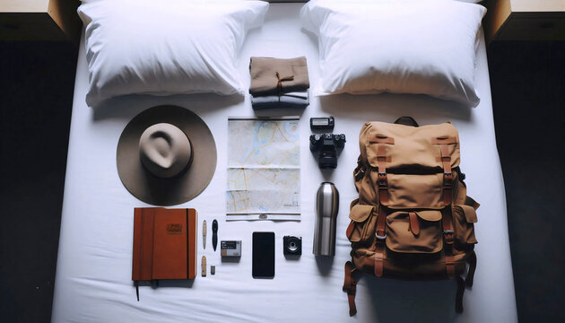 A backpackers essential gear laid out on a hostel bed before a day of exploration: map, hat, journal, water bottle, Ai generated image