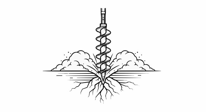 Spiral drill bit breaks ground, scattering dirt and revealing roots below