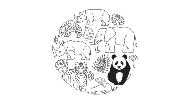 Collection of stylized African and Asian animals in a circular pattern.