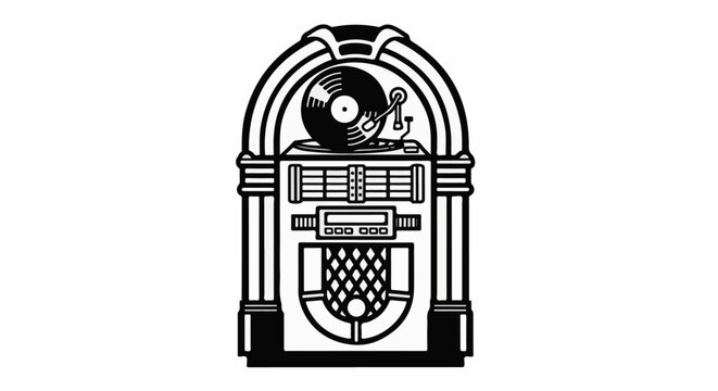 Vintage jukebox with a spinning record and chrome accents on a white background