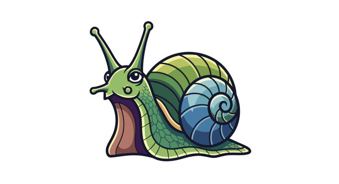 Adorable green cartoon snail with a blue shell