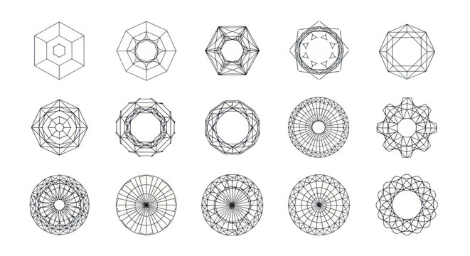 Collection of abstract geometric wireframe shapes and patterns on white background.