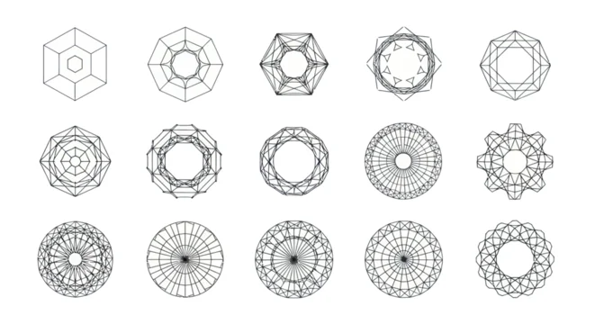 Collection of abstract geometric wireframe shapes and patterns on white background.
