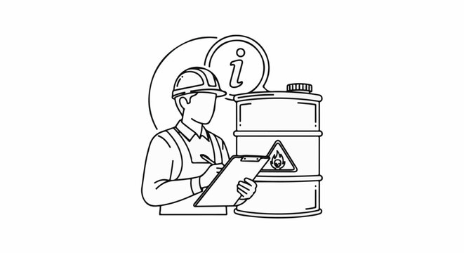 Worker in hard hat examines hazardous material barrel with information icon