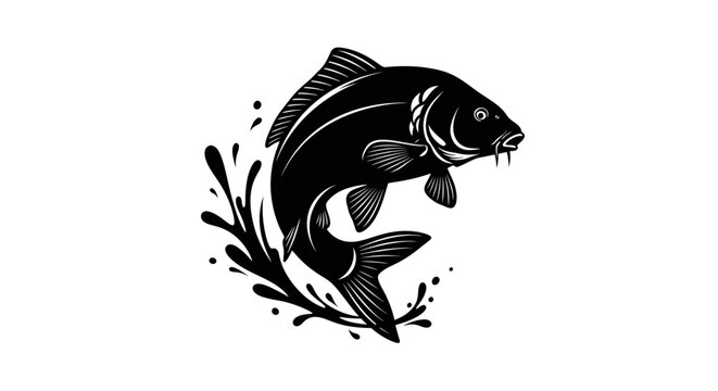 Black and white carp fish jumping out of water with splashes, vector illustration.