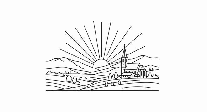 Stylized rural landscape with a church at sunrise