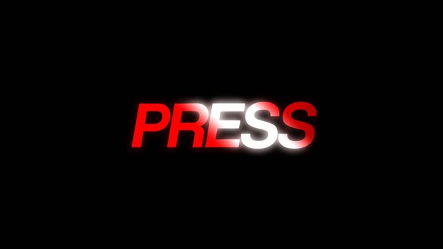 Clean and modern press text animation with bold red and white letters glowing smoothly on dark background, perfect for media, news, or intro scenes.