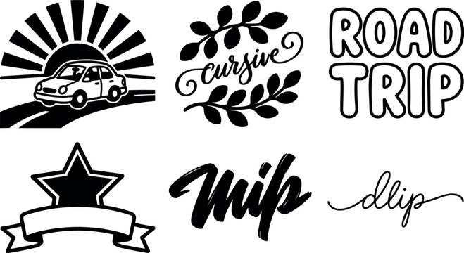 Black and white cursive lettering road trip car with sunset vector art