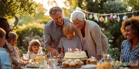Joyful Birthday Gathering: A heartwarming scene unfolds as a multigenerational family gathers outdoors to celebrate a birthday with cake, creating cherished memories together in the warm sunshine. © medienvirus