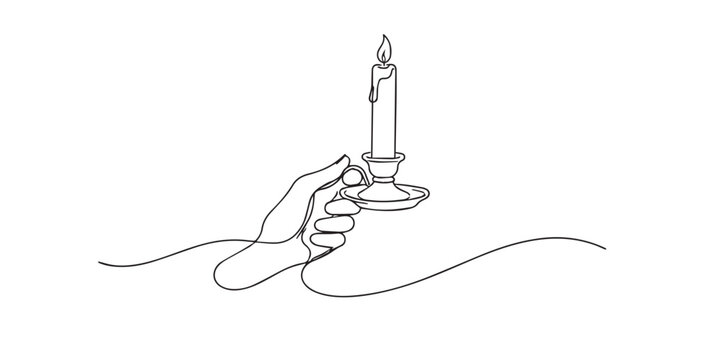 single line hand holding candle.continuous line drawing of hand carrying lit candle with soft flame.light and calm atmosphere concept.one line vector illustration.