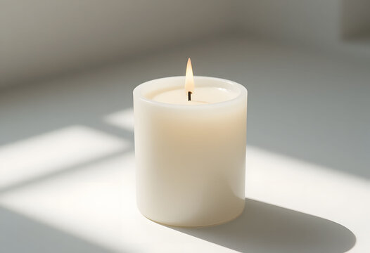 Wide White Candle with Flame and Window Shadows on Surface