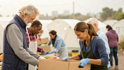 Fototapeta premium People work together at a food distribution center in the afternoon sun to pack fresh produce for local families in need during a community event
