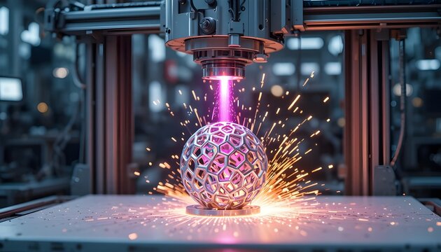 Purple Laser melting 3D metal printing process creating lattice with sparks and light