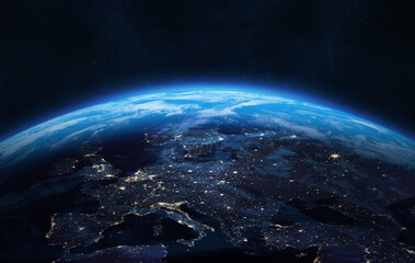 Obraz premium Earth planet. Europe and Asia. Night on planet with cities lights. Central, North, West, South, East Europe at night viewed from space, high resolution.