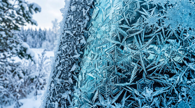 Frozen windowpane with intricate ice crystals and snowy landscape outside on a cold winter day