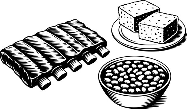 Black and white of pork ribs, baked beans, and cornbread white background, meat food