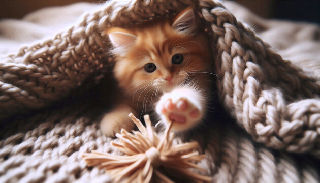 A fuzzy, orange kitten batting playfully at the corner of a knitted blanket with its tiny paw, Ai generated image