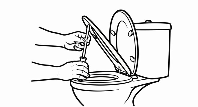 Hands using a screwdriver to fix a toilet lid