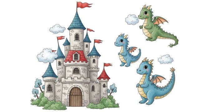 Castle with tall towers stands alongside three small winged dragons in a whimsical storybook setting.