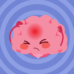 Obraz premium Cartoon vector illustration of a brain mascot suffering headache with circular motion background representing dizziness and mental discomfort