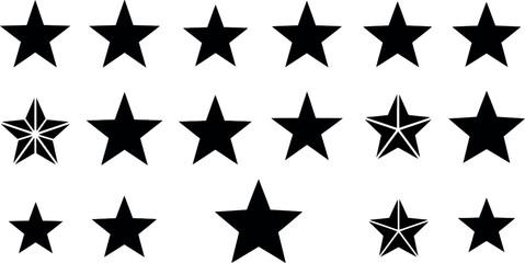 Obraz premium Set of 20 Black Star Icons in Various Styles, Decorative Star Shapes for Rating, Awards, and Design Graphics