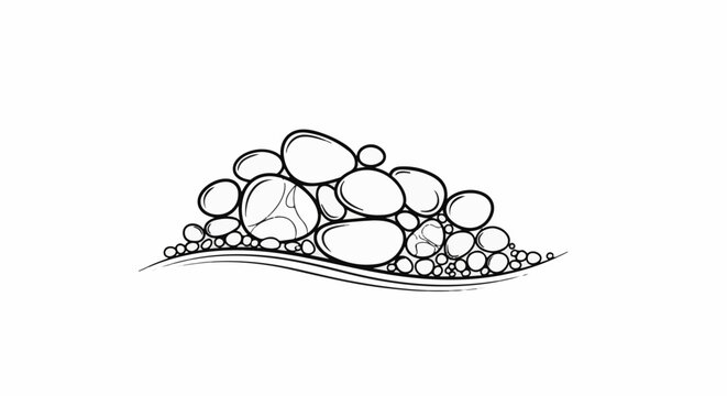 Outline of smooth, rounded stones and small bubbles over a wavy line