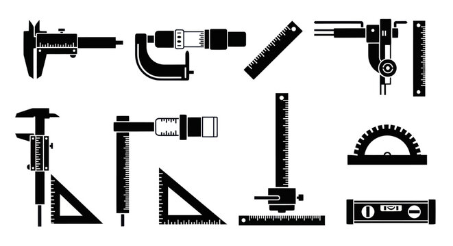 Set of black silhouettes of precision measuring tools and engineering instruments.