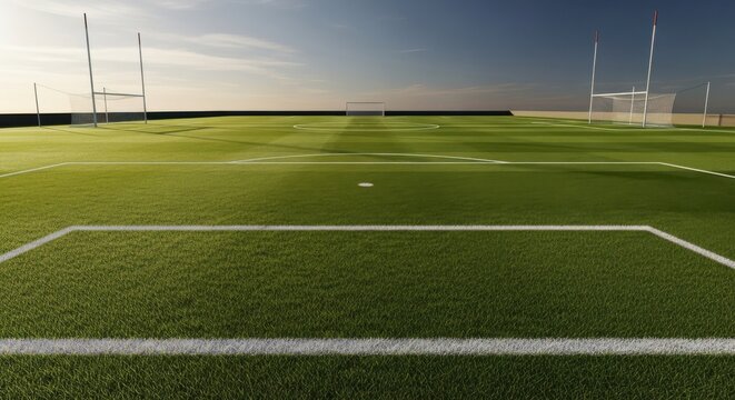 An empty rugby field featuring white goal posts against a dark and moody overcast stormy sky.