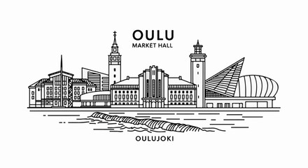 Fototapeta premium A minimalist black and white line drawing of a city skyline with buildings and water