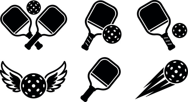 Black and white pickleball paddles and balls icons with wings and motion streaks