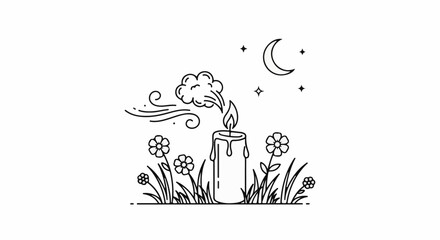 Obraz premium A lit candle flickers amidst flowers and wind under a starry moonlit sky