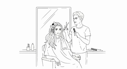 Obraz premium A man cuts a woman's long wavy hair in a salon, with curlers in her hair