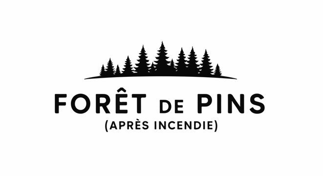 Silhouette of pine forest above text "FOR&Ecirc;T DE PINS" and "(APR&Egrave;S INCENDIE)