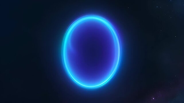 Abstract glowing blue oval portal on dark background, futuristic neon light ring and luminous frame in space scene, digital art magic circle with copy space, SEO friendly abstract portal scene