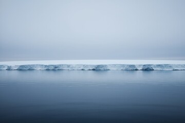 Fototapeta premium Photograph of a vast, calm sea with a low, icy horizon under a pale, overcast sky. The water is a deep blue, reflecting the muted tones of the sky and ice.
