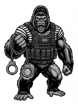 Premium tactical streetwear design. Angry silverback gorilla in striped shirt and military vest holding heavy handcuffs. Vector isolated