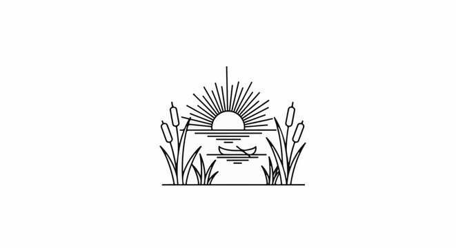 Stylized sun setting over a lake with a canoe and cattails