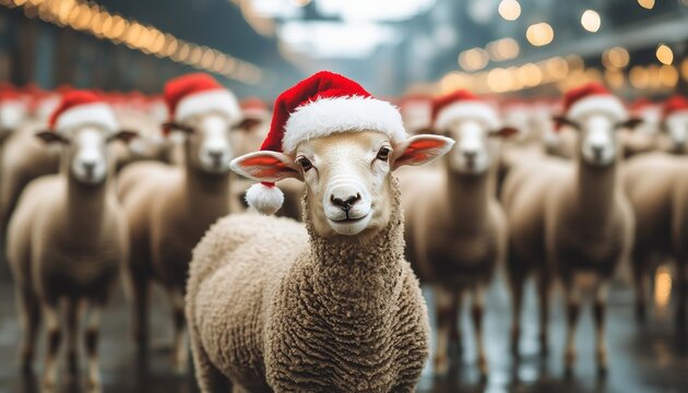Adorable festive sheep wearing Santa hats celebrate the holiday season on a charming farm setting